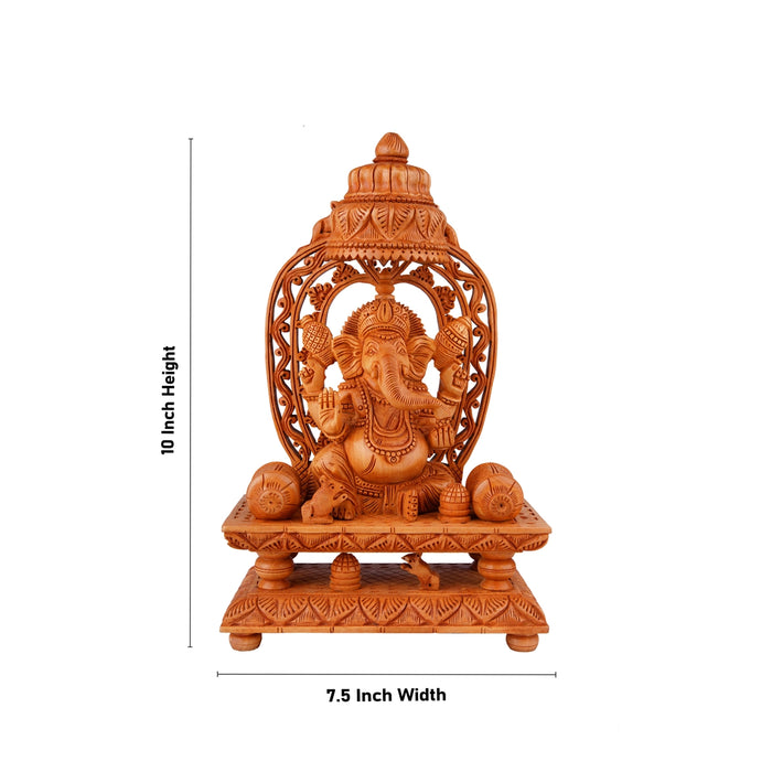 Ganesh Murti With Arch - 10 x 7.5 Inches | Wooden Statue/ Ganpati Murti Sitting On Chowki for Pooja