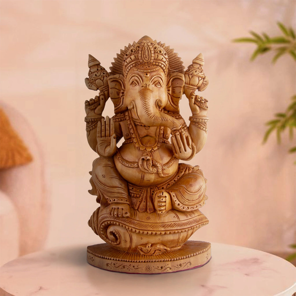 Ganesh Murti - 8 x 4.5 Inches | Vinayagar Statue/ Wooden Statue/ Flat Ganpati Statue for Pooja