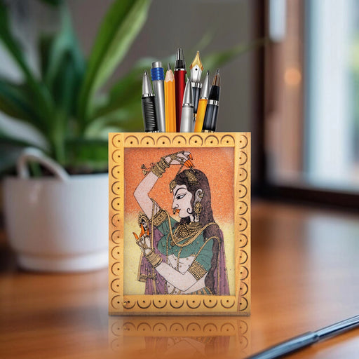 Wooden Pen Stand - 4 x 3 Inches | Gem Stone Pen Holder for Desk - Table Stand Accessories