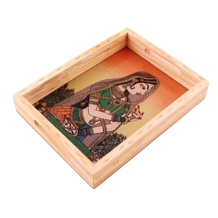 Wooden Tray With Handle - 1.5 x 8 x 6 Inches | Gemstone Painting Serving Tray/ Decorative Plate for Home - Kitchen