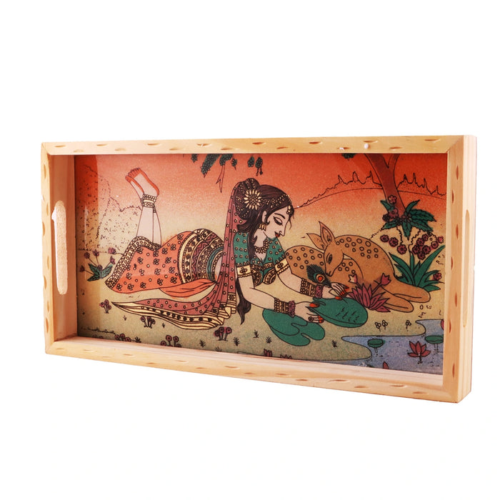 Wooden Tray With Handle - 1.25 x 12 x 6 Inches | Gemstone Painting Serving Tray/ Decorative Plate for Home - Kitchen