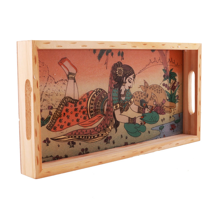 Wooden Tray With Handle - 1.25 x 12 x 6 Inches | Gemstone Painting Serving Tray/ Decorative Plate for Home - Kitchen