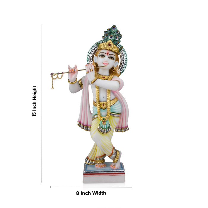 Krishna Murti - 15 x 8 Inches | Marble Murti/ Painted Krishna Idol/ Standing Krishna Statue for Pooja