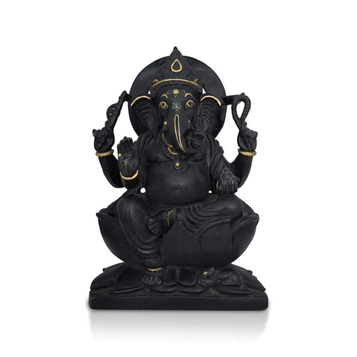 Ganesha Sitting On Kamal Base Murti - 12 x 8 Inches | Black Marble Vinayakar Idol /Ganapathi Sculpture For Home Decor - Stone Murties