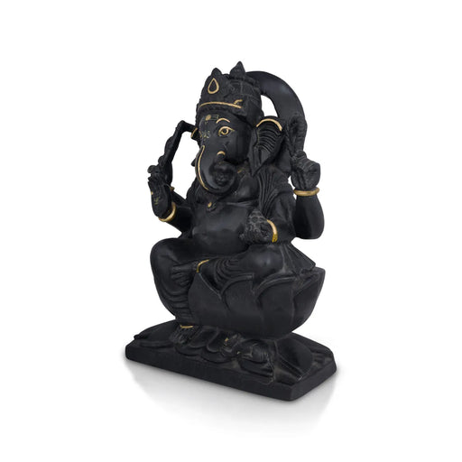 Ganesha Sitting On Kamal Base Murti - 12 x 8 Inches | Black Marble Vinayakar Idol /Ganapathi Sculpture For Home Decor - Stone Murties