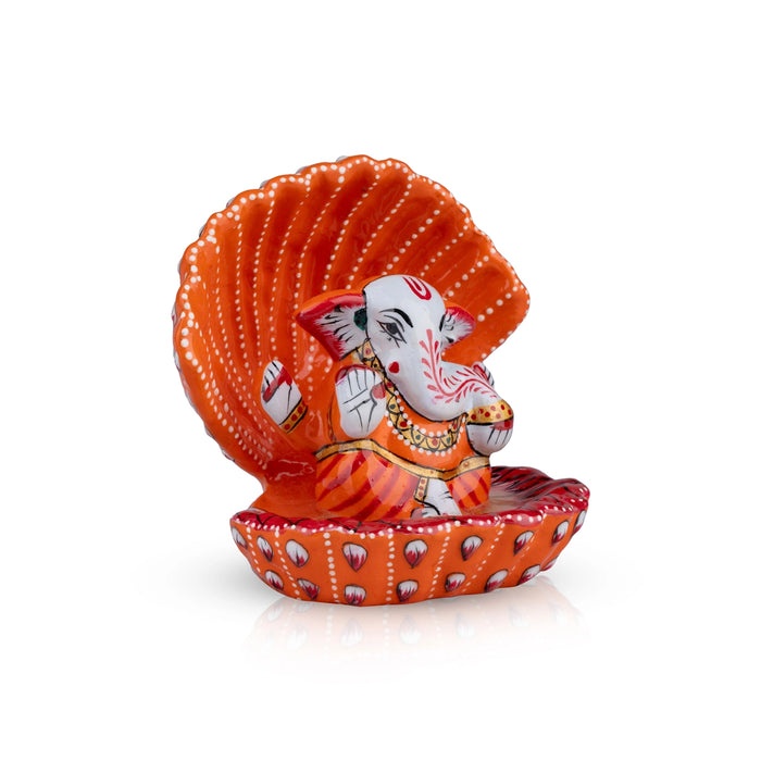 Painted Ganesh Murti - 4 x 3.5 Inches | Aluminium Vinayagar Statue/ Shell Ganesha Statue for Pooja - Aluminium Murties