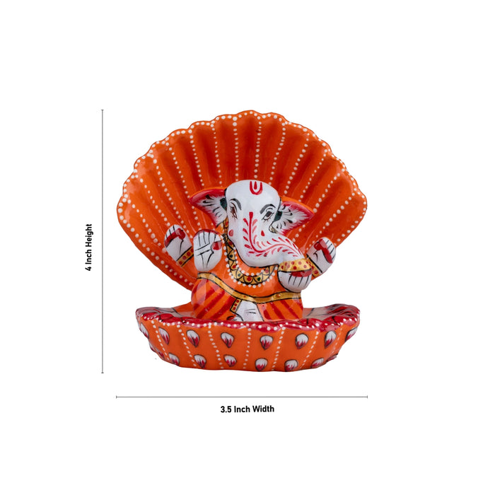 Painted Ganesh Murti - 4 x 3.5 Inches | Aluminium Vinayagar Statue/ Shell Ganesha Statue for Pooja - Aluminium Murties