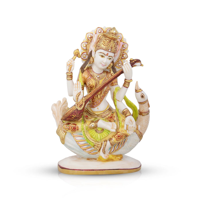 Saraswati Murti - 8 x 7.5 Inches | Saraswati Idol Sitting On Swan/ Resin Statue for Pooja/ 1.040 Kgs Approx - Fibre Murties