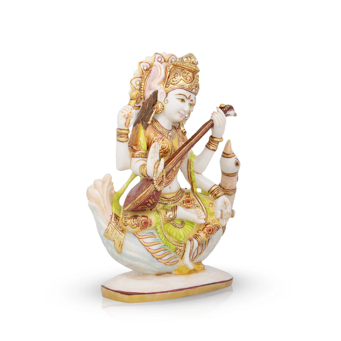 Saraswati Murti - 8 x 7.5 Inches | Saraswati Idol Sitting On Swan/ Resin Statue for Pooja/ 1.040 Kgs Approx - Fibre Murties
