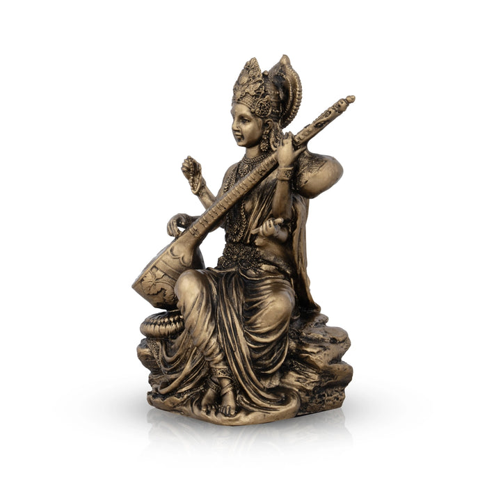 Saraswati Murti - 6 x 4 Inches | Resin Statue/ Brass Polish Saraswati Idol for Pooja/ 445 Gms Approx - Fibre Murties