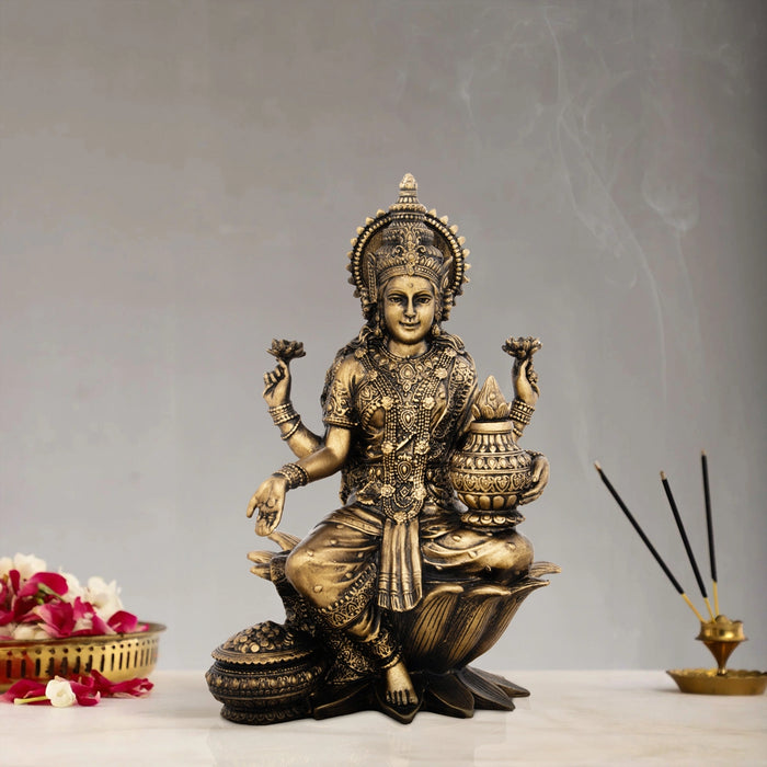 Lakshmi Idol - 7 x 5 Inches | Resin Statue/ Brass Polish Lakshmi Murti for Pooja/ 600 Gms Approx - Fibre Murties