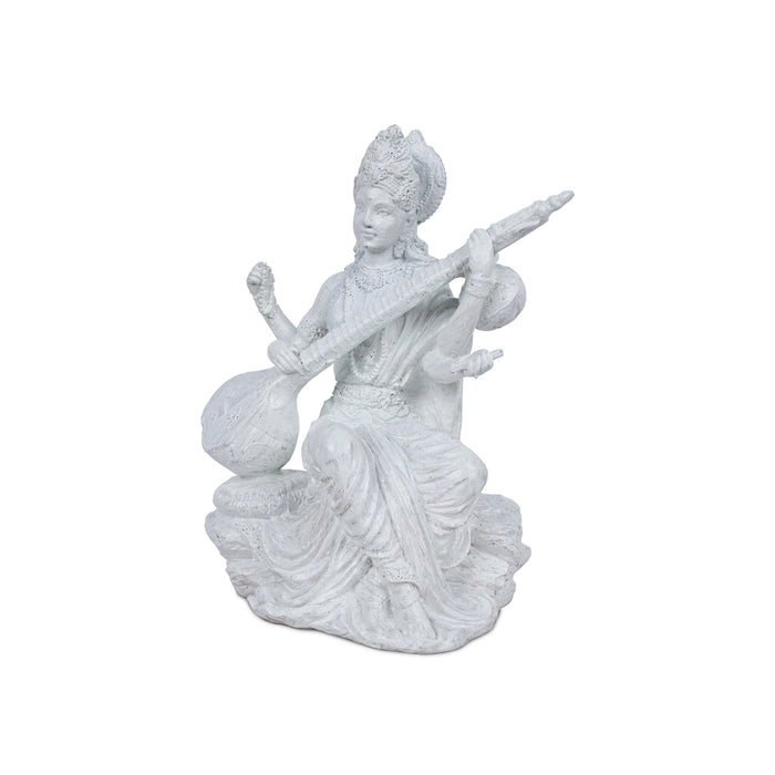 Saraswati Murti Sitting On Base - 6 X 5 Inches | Resin Statue/ White Colour Saraswathy Idol For Worship - Fibre Murties