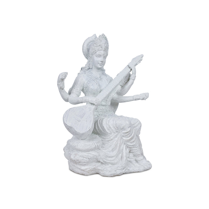 Saraswati Murti Sitting On Base - 6 X 5 Inches | Resin Statue/ White Colour Saraswathy Idol For Worship - Fibre Murties