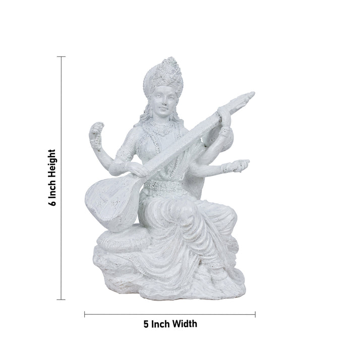 Saraswati Murti Sitting On Base - 6 X 5 Inches | Resin Statue/ White Colour Saraswathy Idol For Worship - Fibre Murties