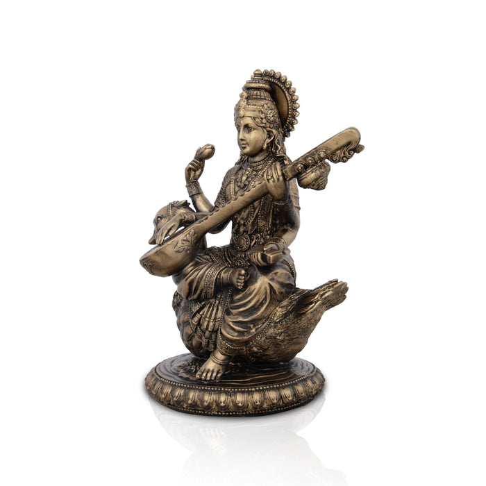 Saraswati Murti - 8 x 7 Inches | Resin Statue/ Brass Polish Saraswati Idol for Pooja/ 995 Gms Approx - Fibre Murties