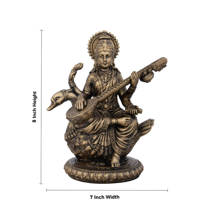 Saraswati Murti - 8 x 7 Inches | Resin Statue/ Brass Polish Saraswati Idol for Pooja/ 995 Gms Approx - Fibre Murties