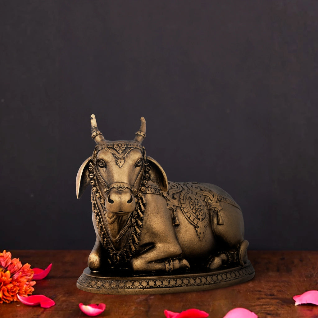 Nandi Statue - 4.5 x 5.5 Inches | Resin Statue/ Brass Polish Nandi Murti for Pooja/ 650 Gms Approx