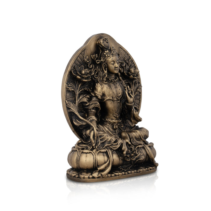 Tara Murti - 8 x 5.5 Inches | Resin Statue/ Brass Polish Tara Statue/ Tara Idol for Pooja/ 1.170 Kgs Approx