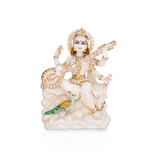 Saraswati sitting on Base Murti - 12 x 8.5 inches | Painting Marble Idol / Vagdevi Statue for pooja - Stone Murties