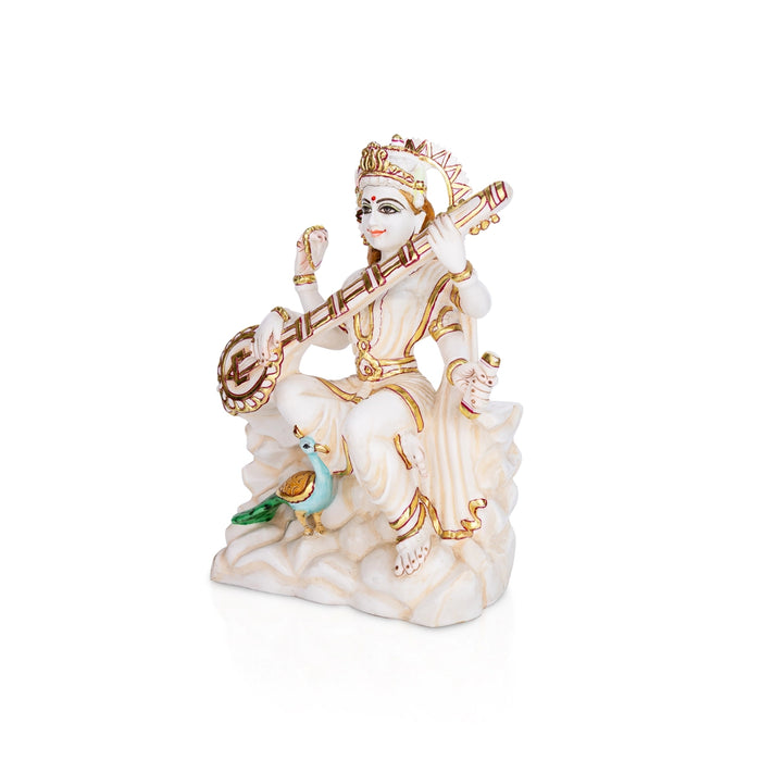Saraswati sitting on Base Murti - 12 x 8.5 inches | Painting Marble Idol / Vagdevi Statue for pooja - Stone Murties