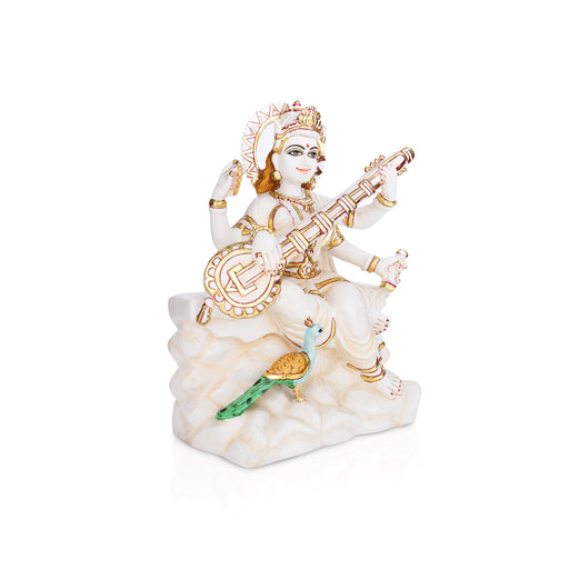 Saraswati sitting on Base Murti - 12 x 8.5 inches | Painting Marble Idol / Vagdevi Statue for pooja - Stone Murties