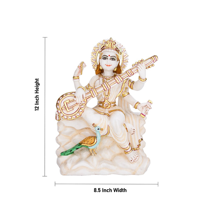 Saraswati sitting on Base Murti - 12 x 8.5 inches | Painting Marble Idol / Vagdevi Statue for pooja - Stone Murties