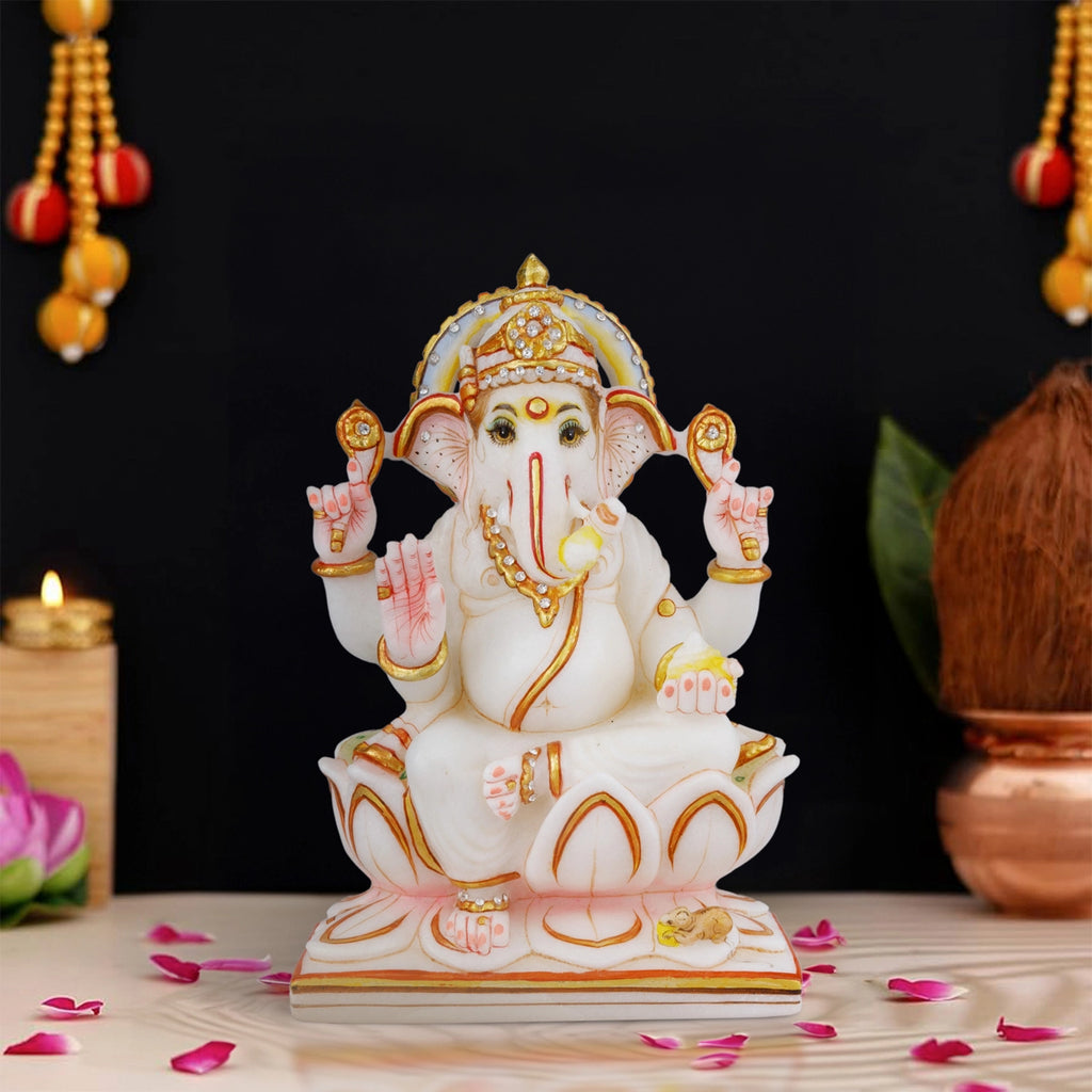 Ganesh Murti - 8 x 5.5 Inches | Vinayagar Statue/ Marble Dust Murti/ Painted Ganpati Statue for Pooja