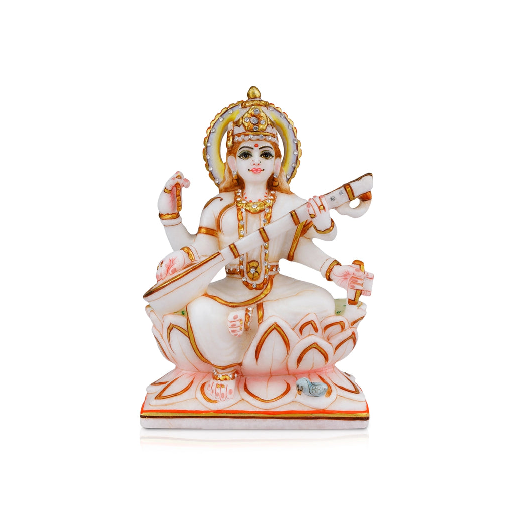 Saraswati Murti - 8 x 5.5 Inches | Marble Murti/ Painted Saraswati Idol for Pooja