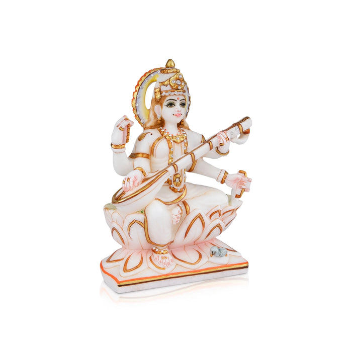 Saraswati Murti - 8 x 5.5 Inches | Marble Murti/ Painted Saraswati Idol for Pooja