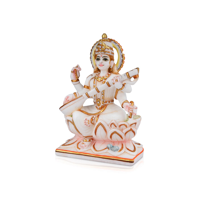 Saraswati Murti - 8 x 5.5 Inches | Marble Murti/ Painted Saraswati Idol for Pooja