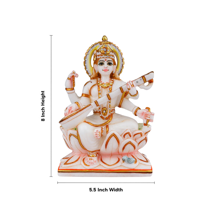 Saraswati Murti - 8 x 5.5 Inches | Marble Murti/ Painted Saraswati Idol for Pooja