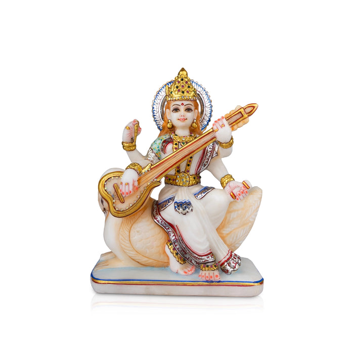 Saraswati Murti - 10 x 8 Inches | Marble Murti/ Saraswati Idol Sitting On Swan/ Painted Saraswati Statue for Pooja