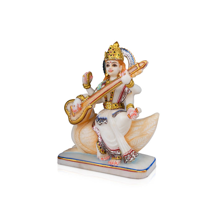 Saraswati Murti - 10 x 8 Inches | Marble Murti/ Saraswati Idol Sitting On Swan/ Painted Saraswati Statue for Pooja