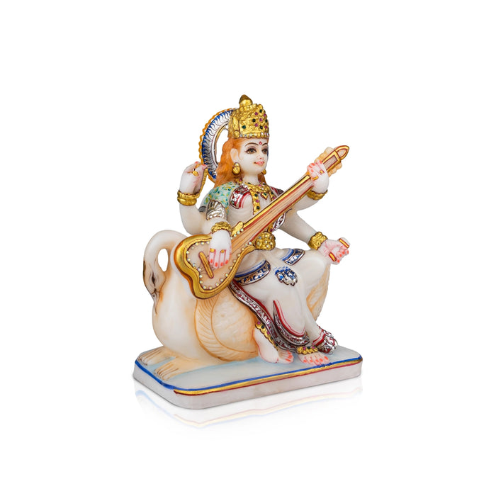 Saraswati Murti - 10 x 8 Inches | Marble Murti/ Saraswati Idol Sitting On Swan/ Painted Saraswati Statue for Pooja