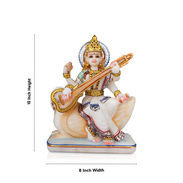 Saraswati Murti - 10 x 8 Inches | Marble Murti/ Saraswati Idol Sitting On Swan/ Painted Saraswati Statue for Pooja