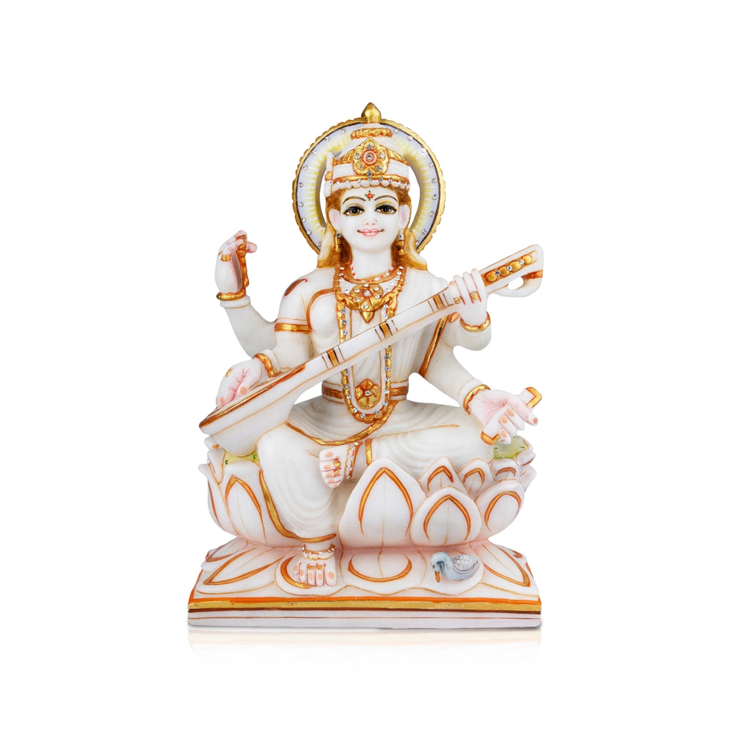 Saraswati Murti - 12 x 9 Inches | Marble Murti/ Painted Saraswati Idol for Pooja