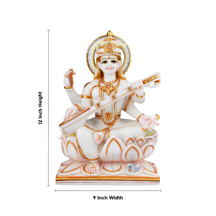 Saraswati Murti - 12 x 9 Inches | Marble Murti/ Painted Saraswati Idol for Pooja