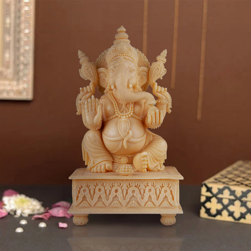 Ganesh Murti Sitting On Chowki - 10 x 6 Inches | Marble Dust Murti/ Ganpati Murti/ Vinayaka Statue for Pooja - Fibre Murties