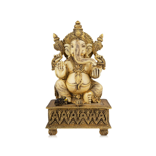 Ganesh Murti - 10 x 6 Inches | Marble Dust Murti/ Gold Antique Polish Ganapati Idol Sitting On Chowki for Pooja - Fibre Murties