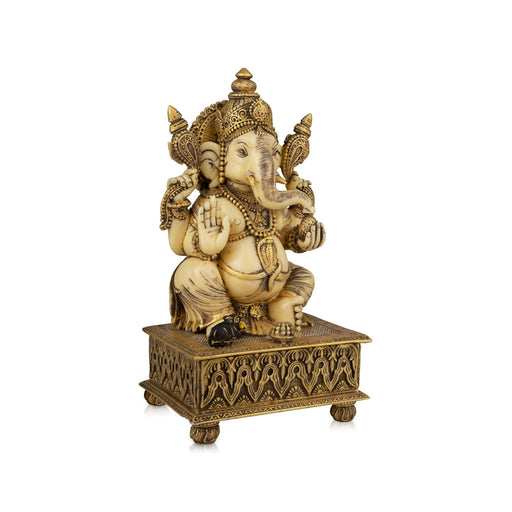 Ganesh Murti - 10 x 6 Inches | Marble Dust Murti/ Gold Antique Polish Ganapati Idol Sitting On Chowki for Pooja - Fibre Murties