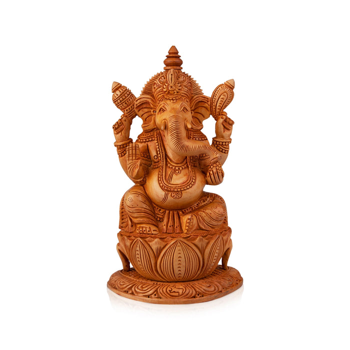 Ganesh Murti Sitting On Flower - 8 x 5 Inches | Wooden Statue/ Ganpati Murti/ Vinayaka Statue for Pooja