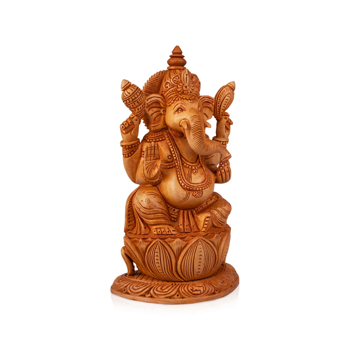 Ganesh Murti Sitting On Flower - 8 x 5 Inches | Wooden Statue/ Ganpati Murti/ Vinayaka Statue for Pooja