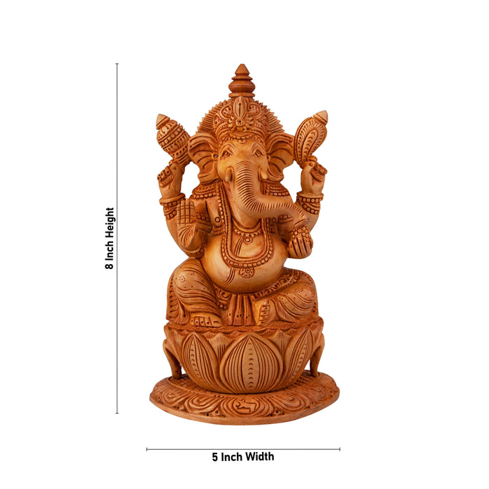 Ganesh Murti Sitting On Flower - 8 x 5 Inches | Wooden Statue/ Ganpati Murti/ Vinayaka Statue for Pooja