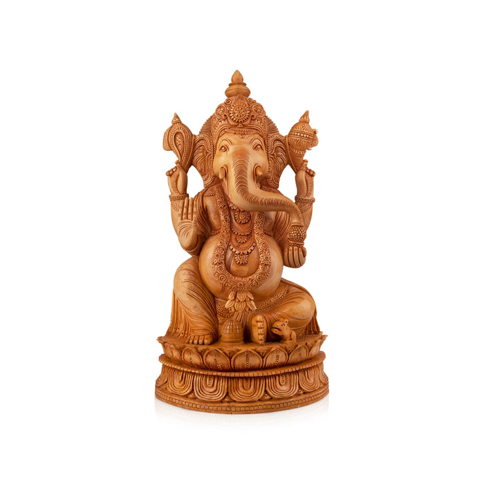 Ganesh Murti Sitting On Kamal Flower - 16 x 9 Inches | Wooden Statue/ Ganpati Murti/ Vinayaka Statue for Pooja