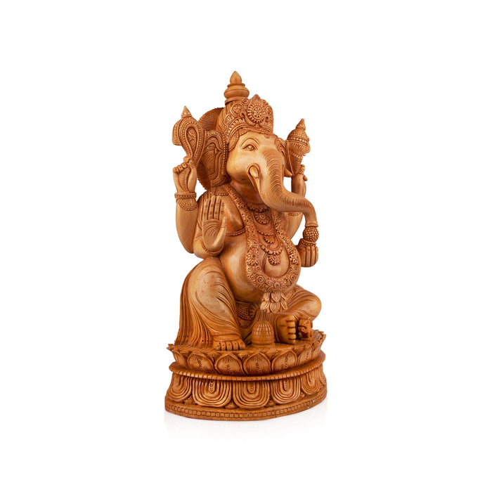 Ganesh Murti Sitting On Kamal Flower - 16 x 9 Inches | Wooden Statue/ Ganpati Murti/ Vinayaka Statue for Pooja