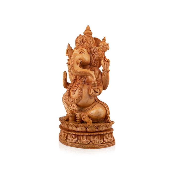 Ganesh Murti Sitting On Kamal Flower - 16 x 9 Inches | Wooden Statue/ Ganpati Murti/ Vinayaka Statue for Pooja