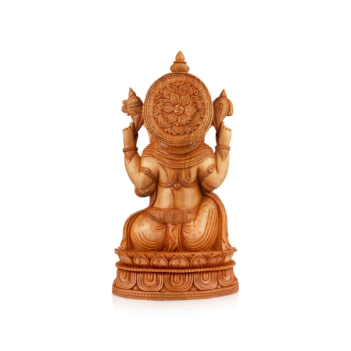 Ganesh Murti Sitting On Kamal Flower - 16 x 9 Inches | Wooden Statue/ Ganpati Murti/ Vinayaka Statue for Pooja