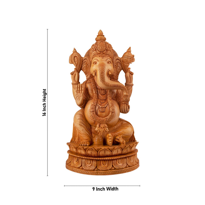 Ganesh Murti Sitting On Kamal Flower - 16 x 9 Inches | Wooden Statue/ Ganpati Murti/ Vinayaka Statue for Pooja