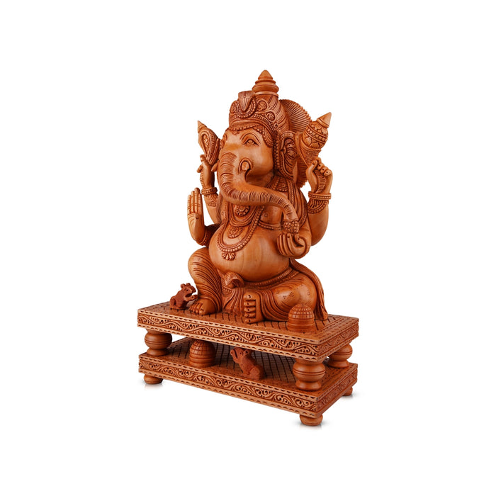 Ganesh Murti Sitting On Double Chowki - 12 x 8.5 Inches | Wooden Statue/ Ganpati Murti/ Vinayaka Statue for Pooja - Wooden Murties