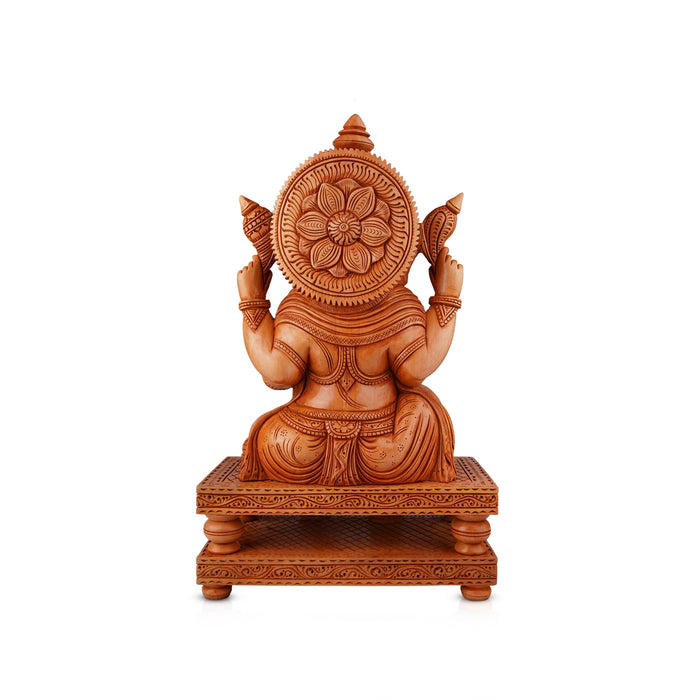 Ganesh Murti Sitting On Double Chowki - 12 x 8.5 Inches | Wooden Statue/ Ganpati Murti/ Vinayaka Statue for Pooja - Wooden Murties